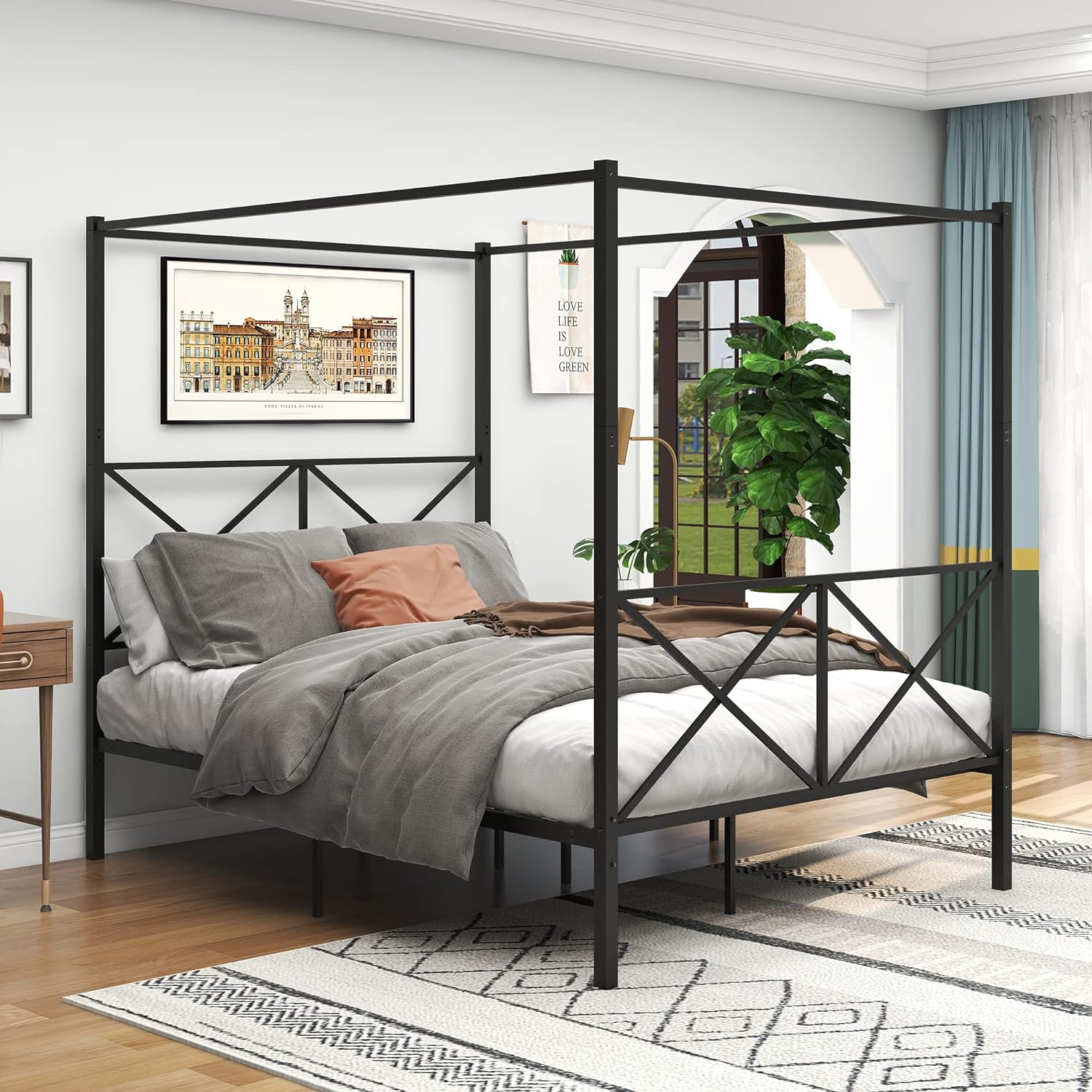 Full Size Canopy Bed Frame with Metal Headboard and Footboard Modern Style Steel Bed Platform Heavy Duty Slats Bed, Texture Black