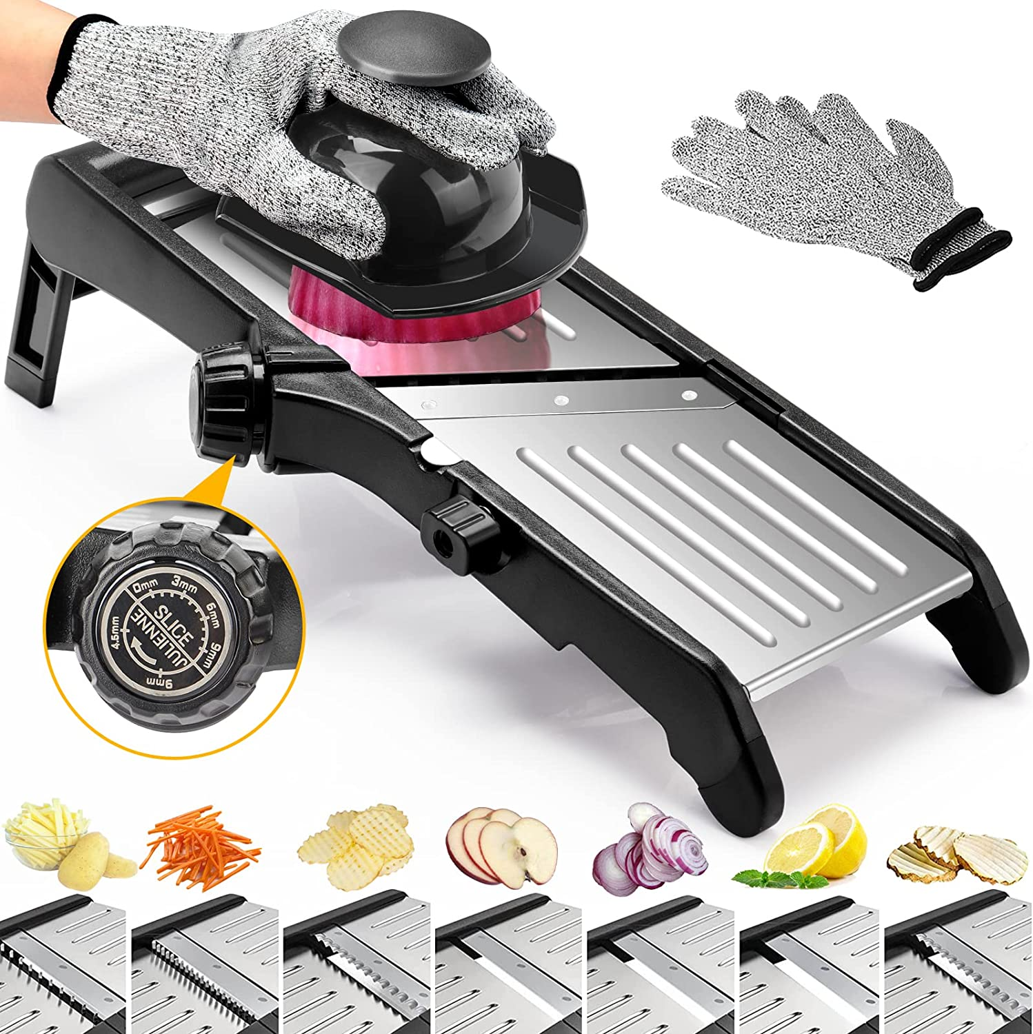 Mandoline Food Slicer for Kitchen, Adjustable Stainless Steel Mandoline Vegetable Slicer, Food Slicer Onion Potato Chip French Fry, 7 In-1 Adjustable Blade, Including 1 Pair of Gloves