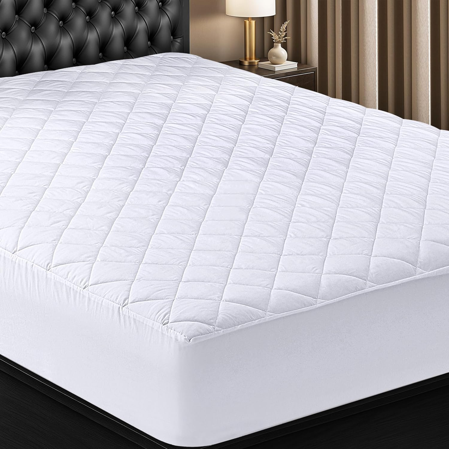 Quilted Fitted Mattress Pad, Queen Size, Elastic Fitted Mattress Topper Protector and Cover with Deep Pocket Stretches up to 16 Inches, Machine Washable (White)