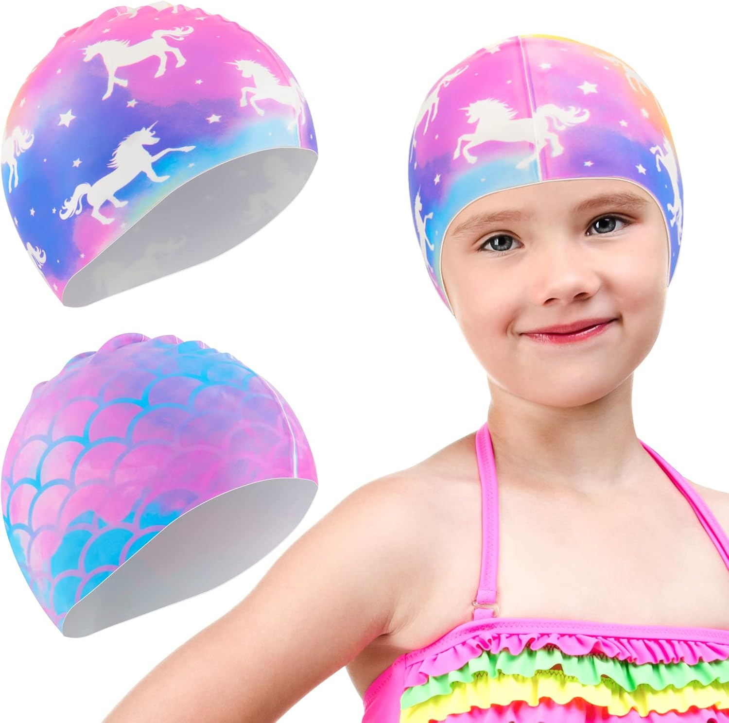 2 Pack Kids Swim Cap Durable Silicone Swim Caps for Boys Girls Toddler Waterproof Bathing Pool Swimming Caps Comfortable Kids Mermaid Unicorn Swimming Hats for Long and Short Hair