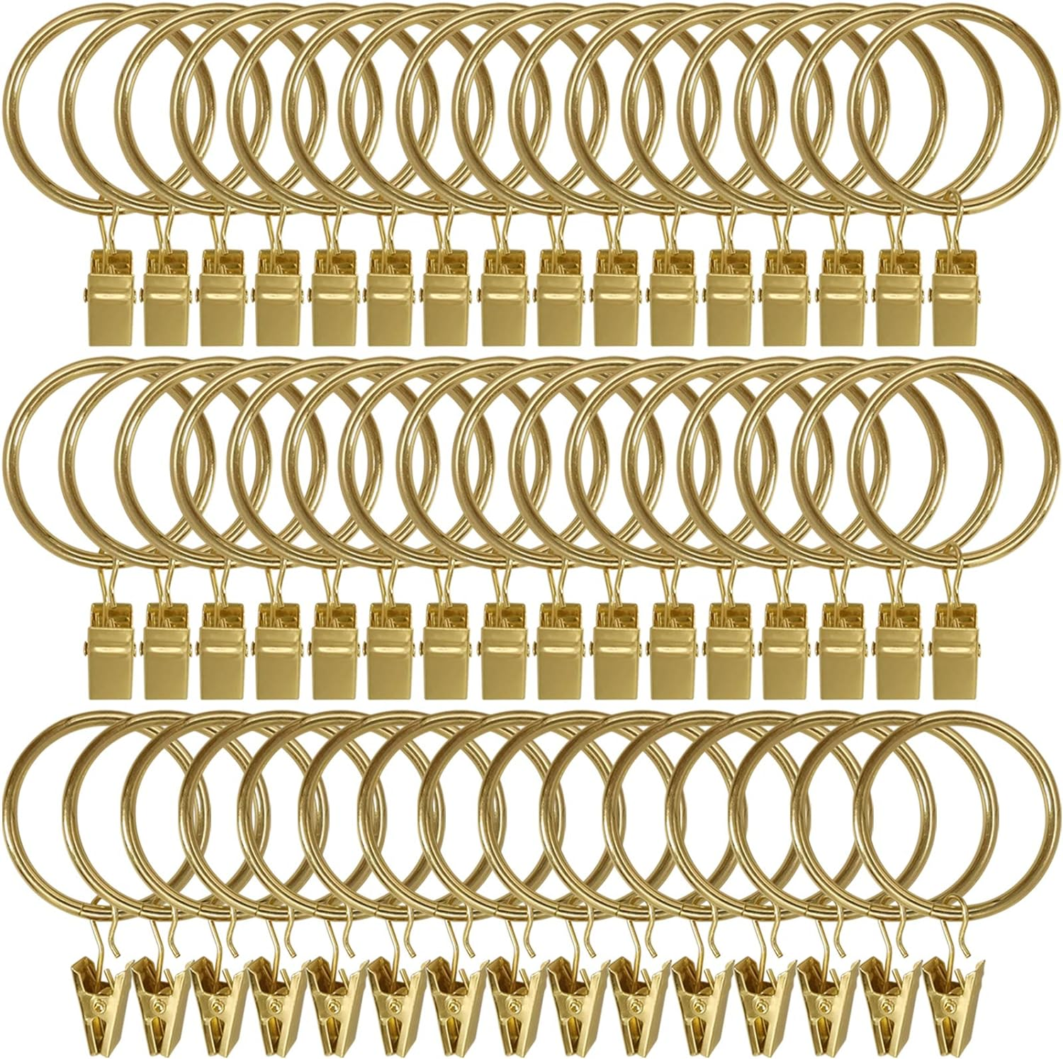 60 Pack Metal Curtain Rings with Clips, Curtain Clip Rings Hooks for Hanging Drapery Drapes Bows, Curtain Rod Rings 1.5 Inch Interior Diameter, Gold