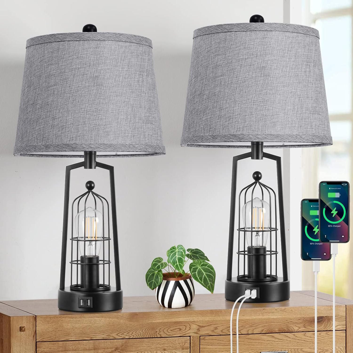 Rustic Farmhouse Table Lamps with USB Ports - Set of 2 for Living Room & Bedroom