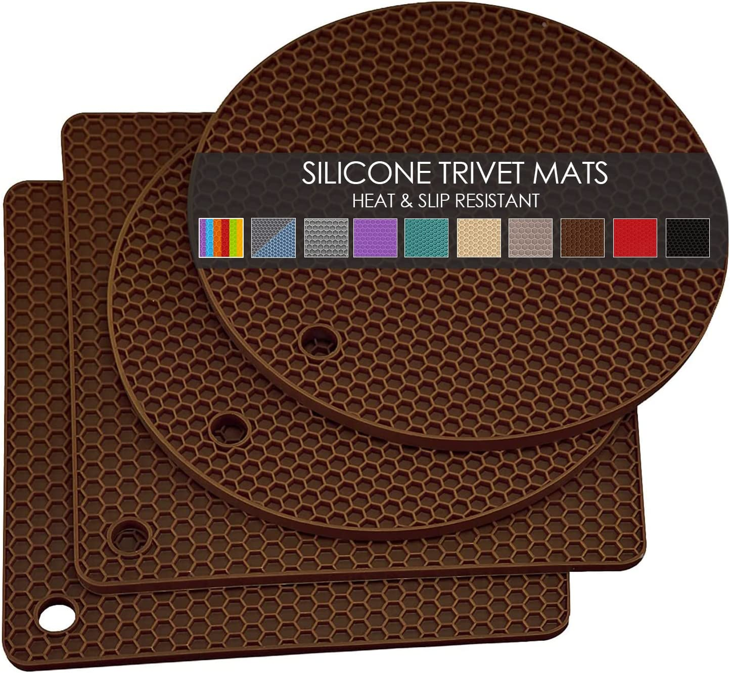 4 Pack Silicone Trivet Mats, Heat Resistant Hot Pot Holders and Pads for Kitchen Countertop, Non-Slip Brown Trivets for Pots and Pans, Hot Plate Coffee Mat