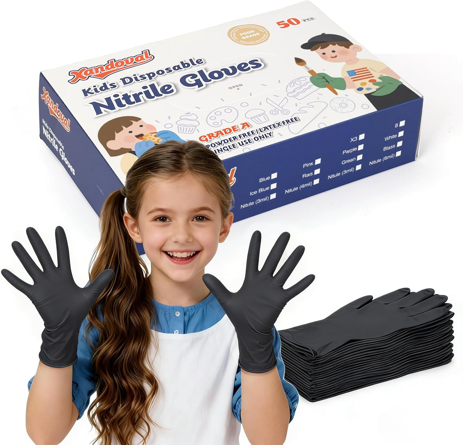 Kids Disposable Gloves for 4-8 Years, 5Mil Small Black Nitrile Gloves for Work, Cleaning, Cooking, Gardening，Latex-Free and Powder-Free(Xs,50Pcs)