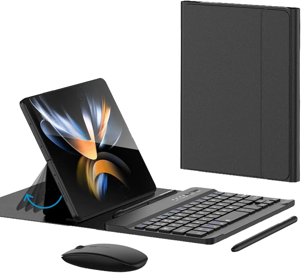 For Samsung Galaxy Z Fold 7 6 5 Keyboard and Mouse, Portable Mini 7.9 Inch Bluetooth Keyboard with Leather Stand Case and Pen, 4 in 1 Travel Set for Z Fold7 6 Accessories,Black