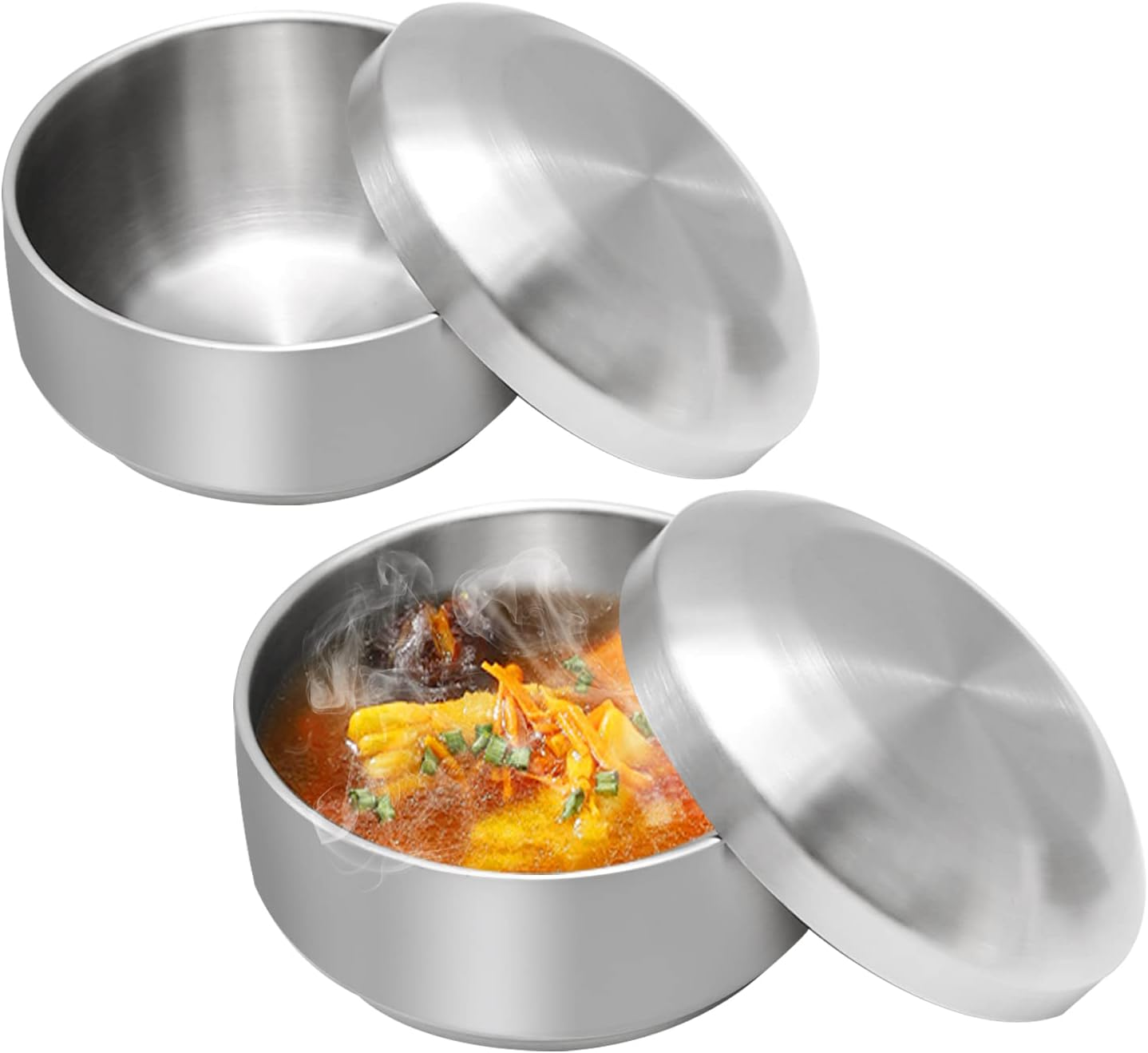 Stainless Steel Rice Bowl with Lid, Set of 2, for Korean Kitchen Restaurant, Double-walled Metal Bowls, Multi-Purpose Insulated Soup Bowls Snacks Bowls (11.5cm Silver)