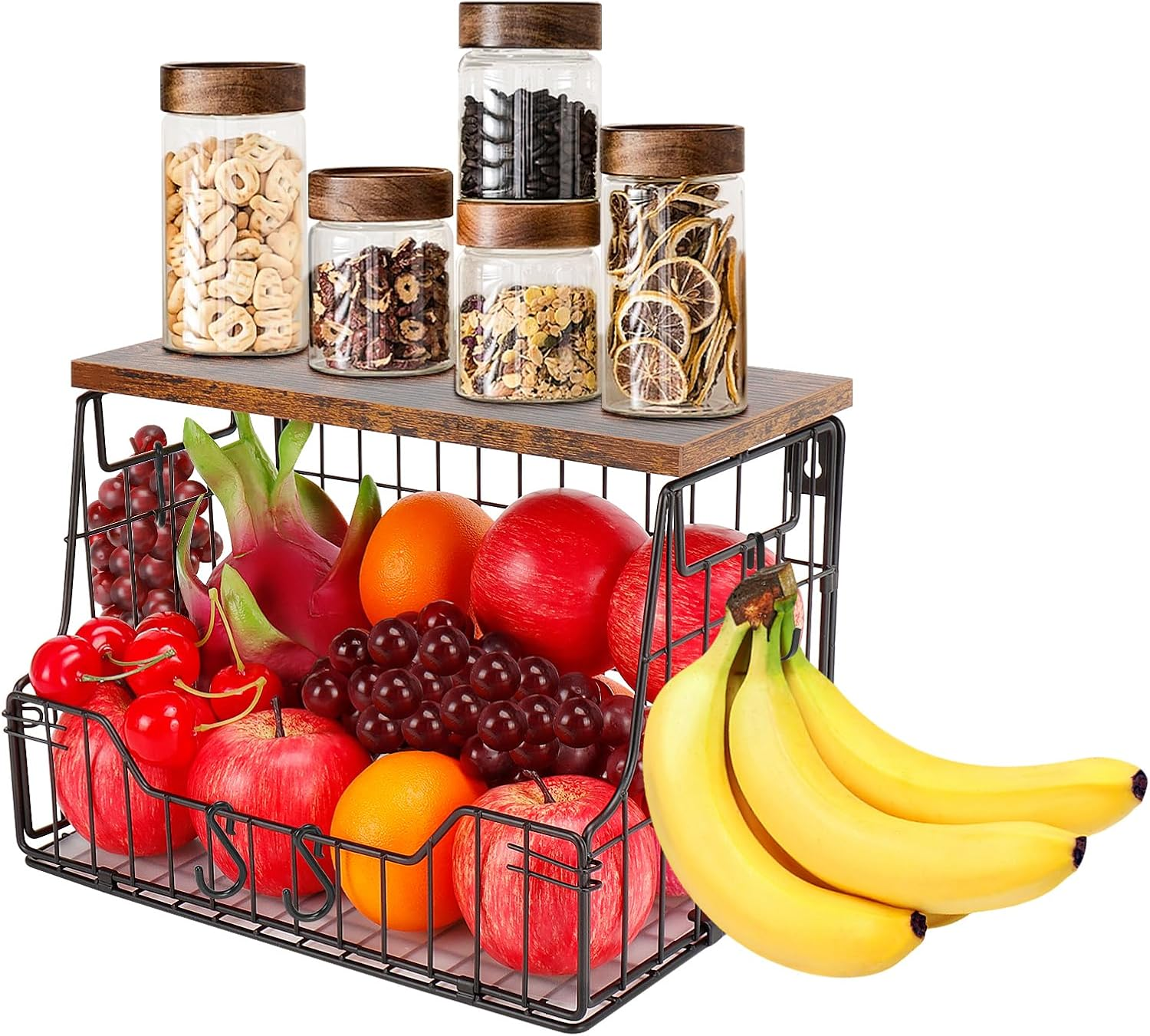 Fruit Basket for Kitchen, Metal Fruit Vegetable Storage Bin with 2 Banana Hangers, Countertop Wire Basket Organizer for Snack Potato Onion, Screw Mounted or Stand (Black, 1 Pack)