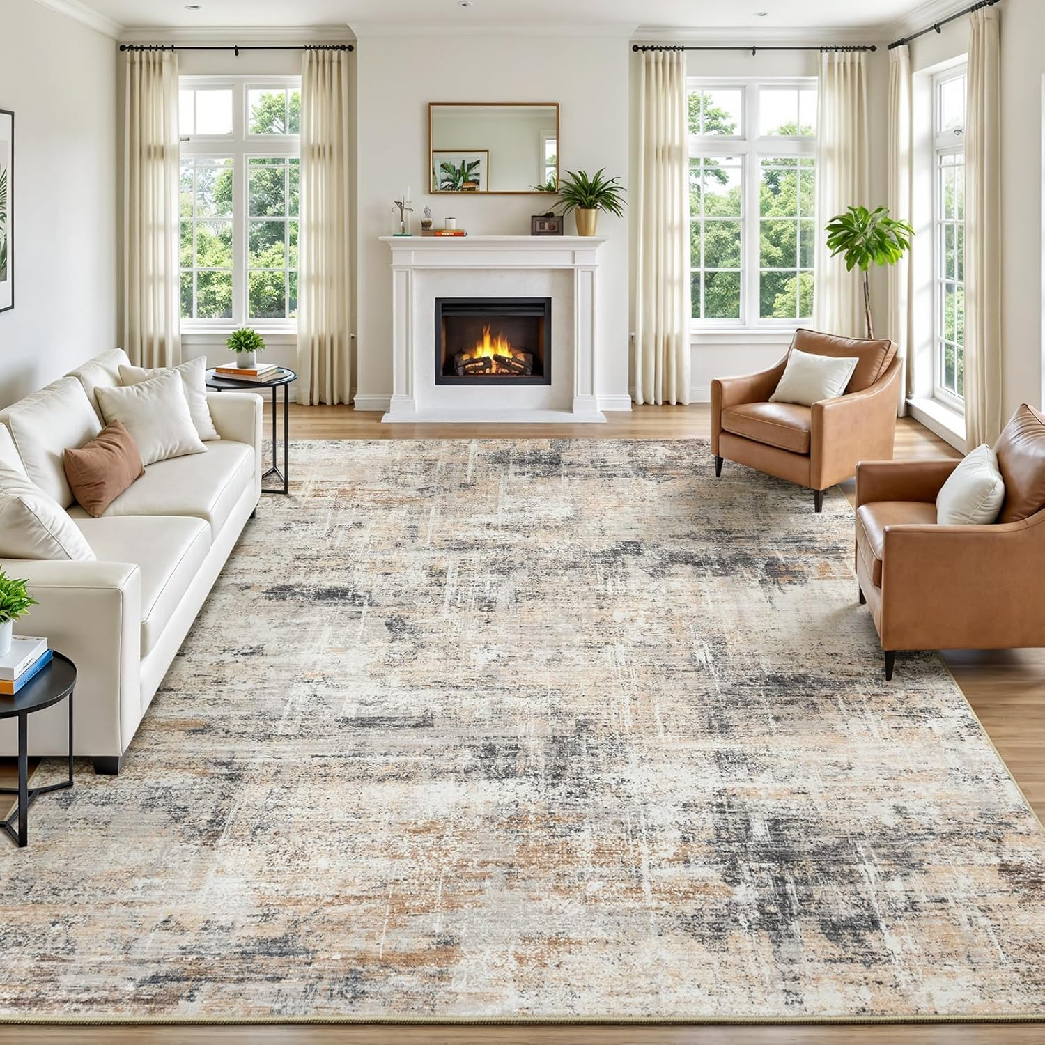 8X10 Area Rug for Living Room, Gold Abstract Large Rugs with Non-Slip Backing, Neutral Modern Washable Carpet for Bedroom Dining Room Home Office Nursery Indoor