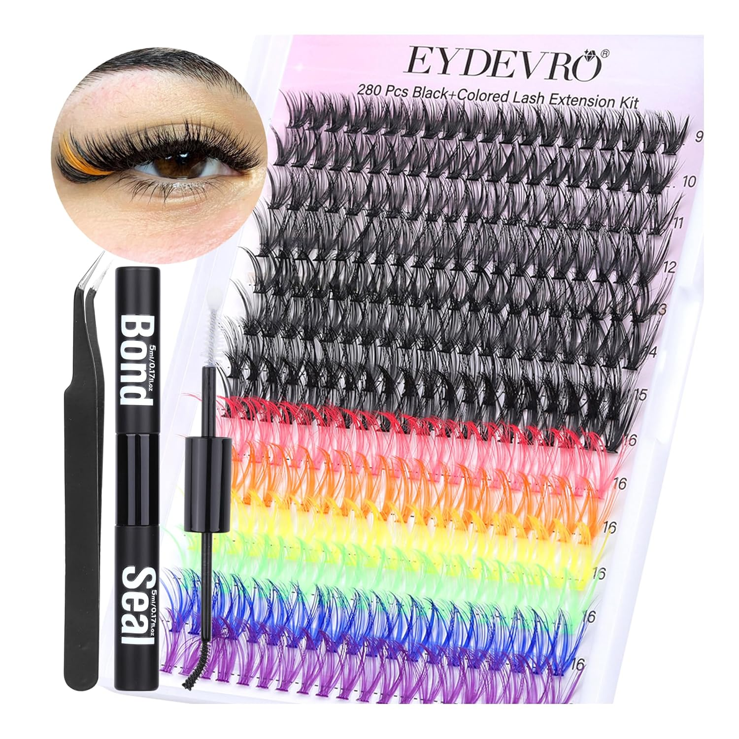 Lash Extension Kit Colored Lash Clusters DIY Eyelash Extension Kit 6 Colors Rainbow Individual Lashes with Bond and Seal and Lash Applicator Colorful Lash Extensions 8-16Mm Mixed D Curl Cluster Lashes (Black+Colored) by