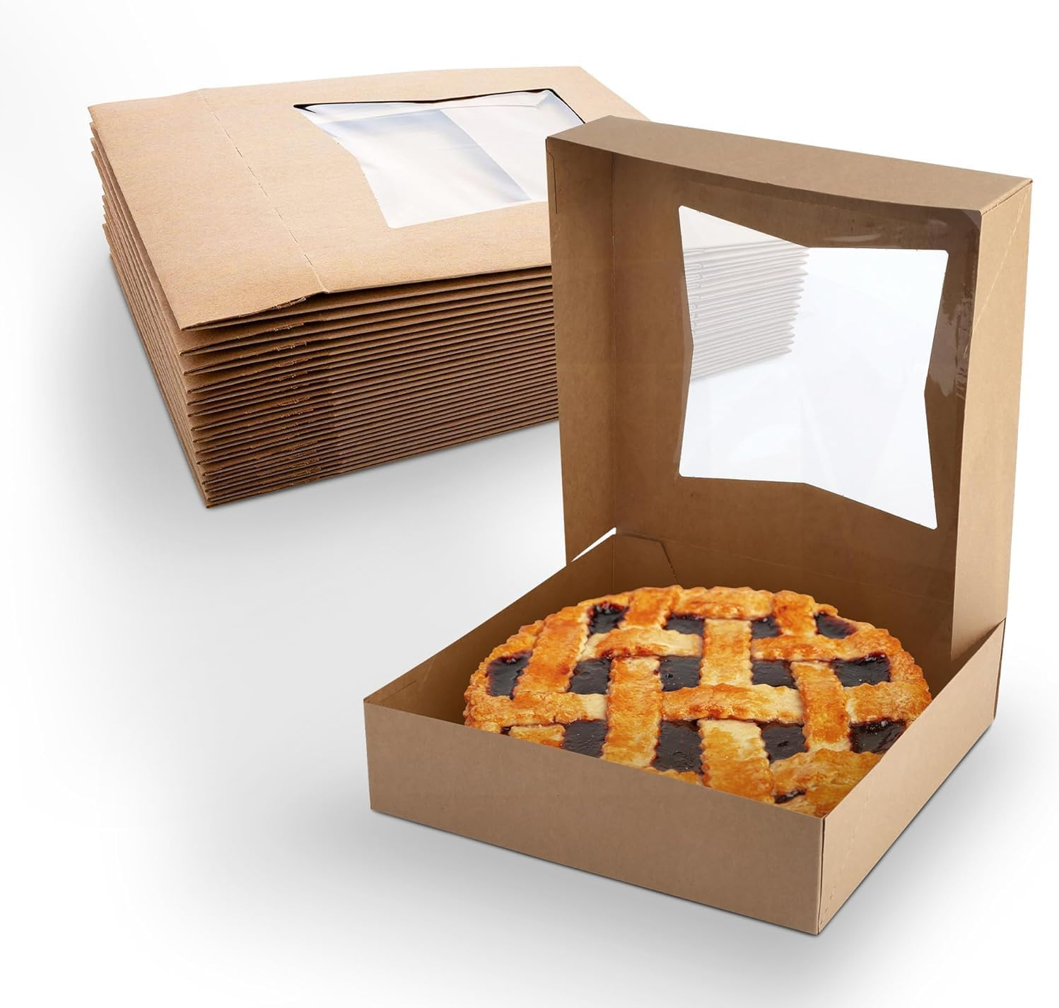 MT Products Kraft Bakery Boxes 9" X 9" X 2.5" - Auto Pop-Up Pie or Cake Boxes with Window (Pack of 200) - Made in the USA