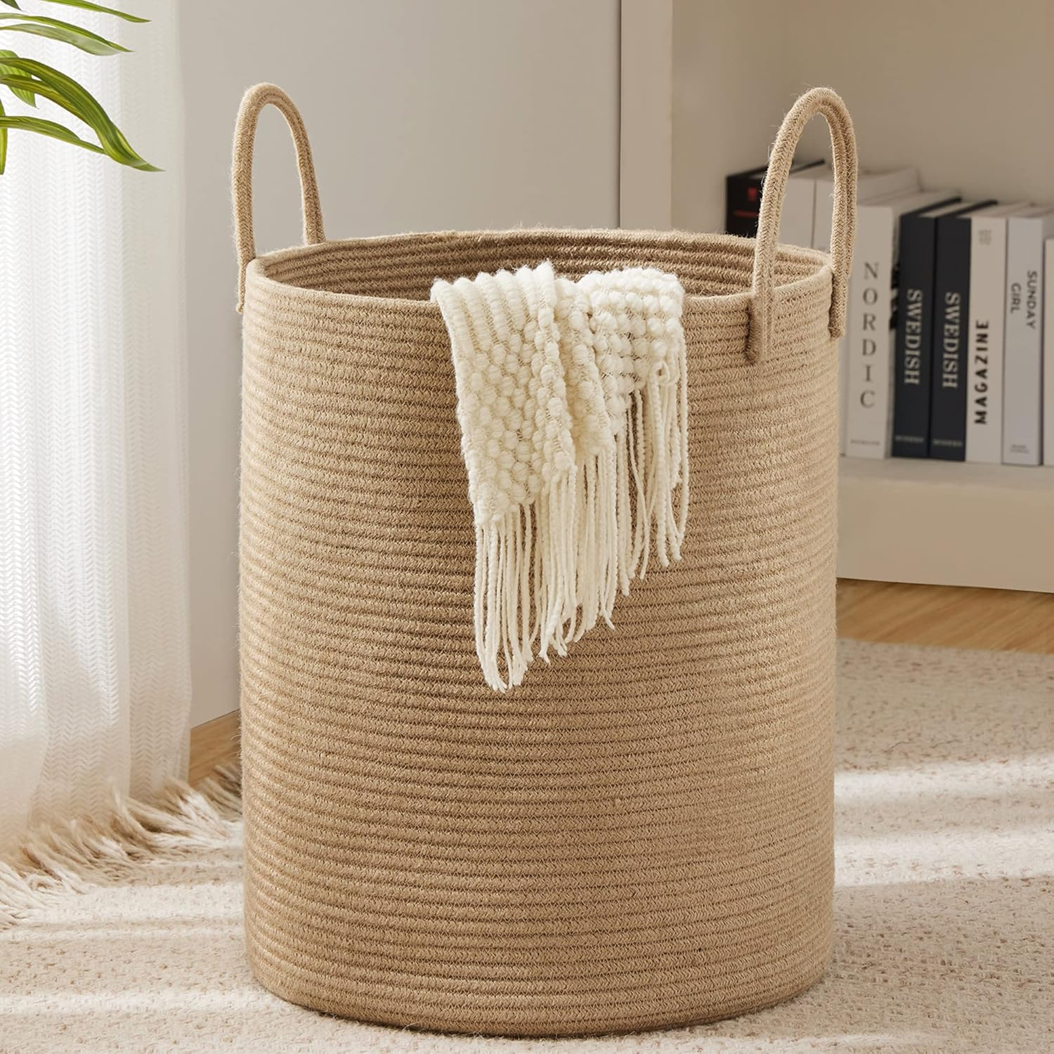 Jute Rope Laundry Hamper Basket by , 58L Tall Laundry Basket, Baby Nursery Hamper for Blanket Storage for Bedroom-Large-Jute