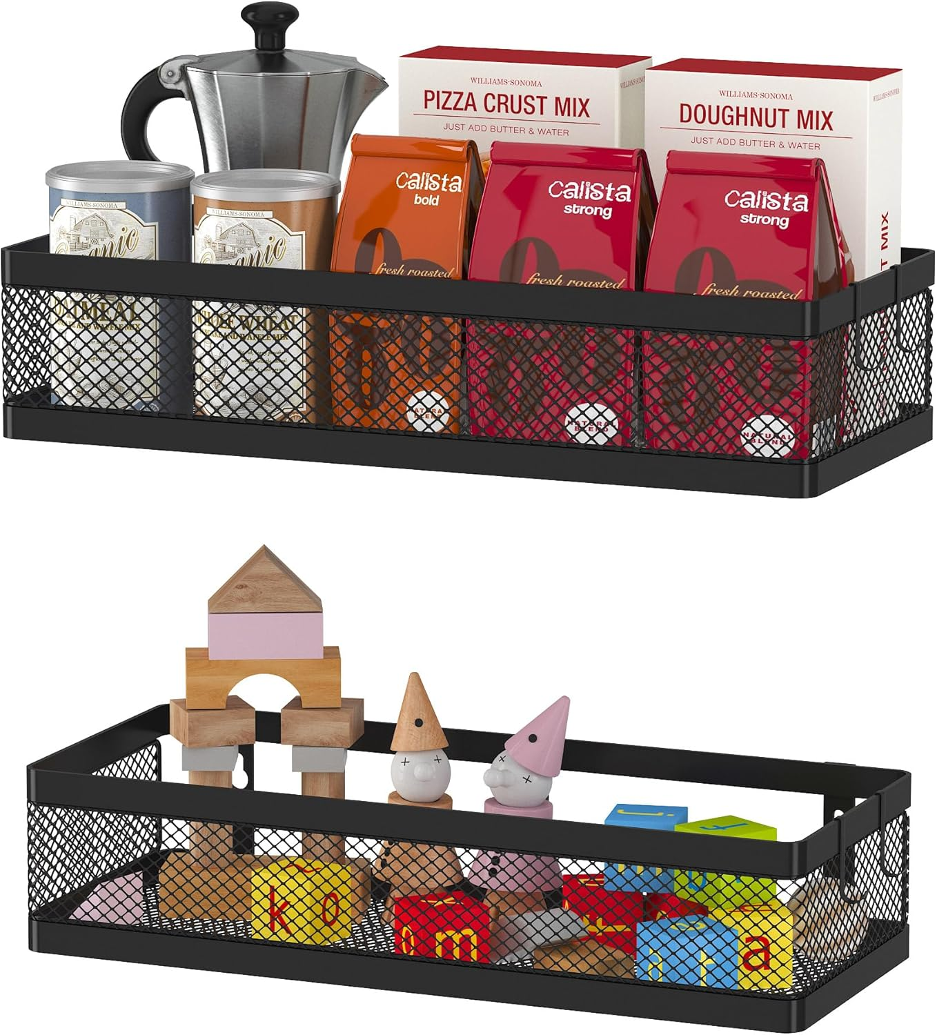 Hanging Storage Baskets Organizer Wall Mount, Metal Wire Storage Bin Rack for Kitchen Bathroom Shower Spice Shelf Home Decor Essentials Black-2 Packs (Netting)