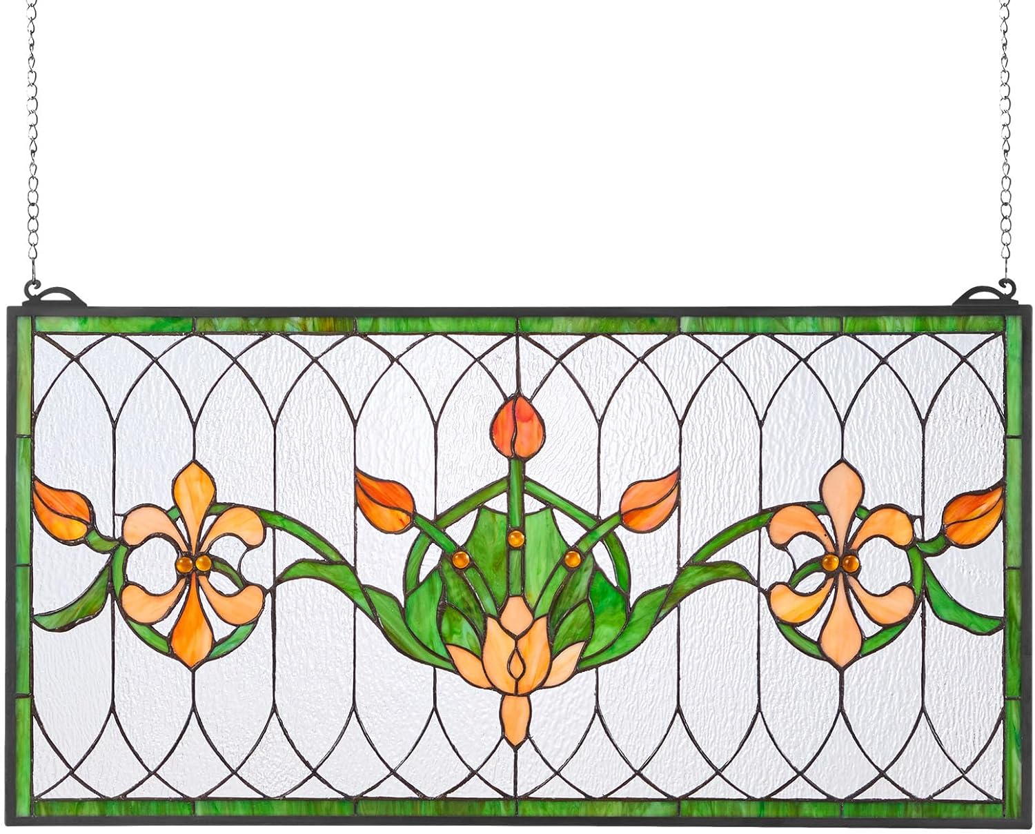 Stained Glass Window Panel, 32 X 17 In, Tiffany Style Hanging Transom Window Panel with Chain, Large Horizontal Rectangle Stain Glass, Vintage Traditional Art Handcrafts for Kitchen Home Decor