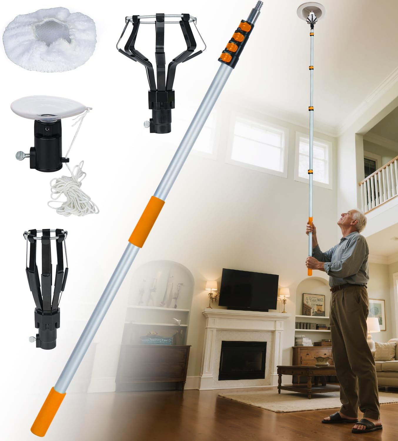 Light Bulb Changer Pole Kit 3 FT to 20 FT Telescoping Extension Pole with 2 Baskets and Suction Cup for High Ceilings and Recessed Lights Lightbulb Tool Removal Changing