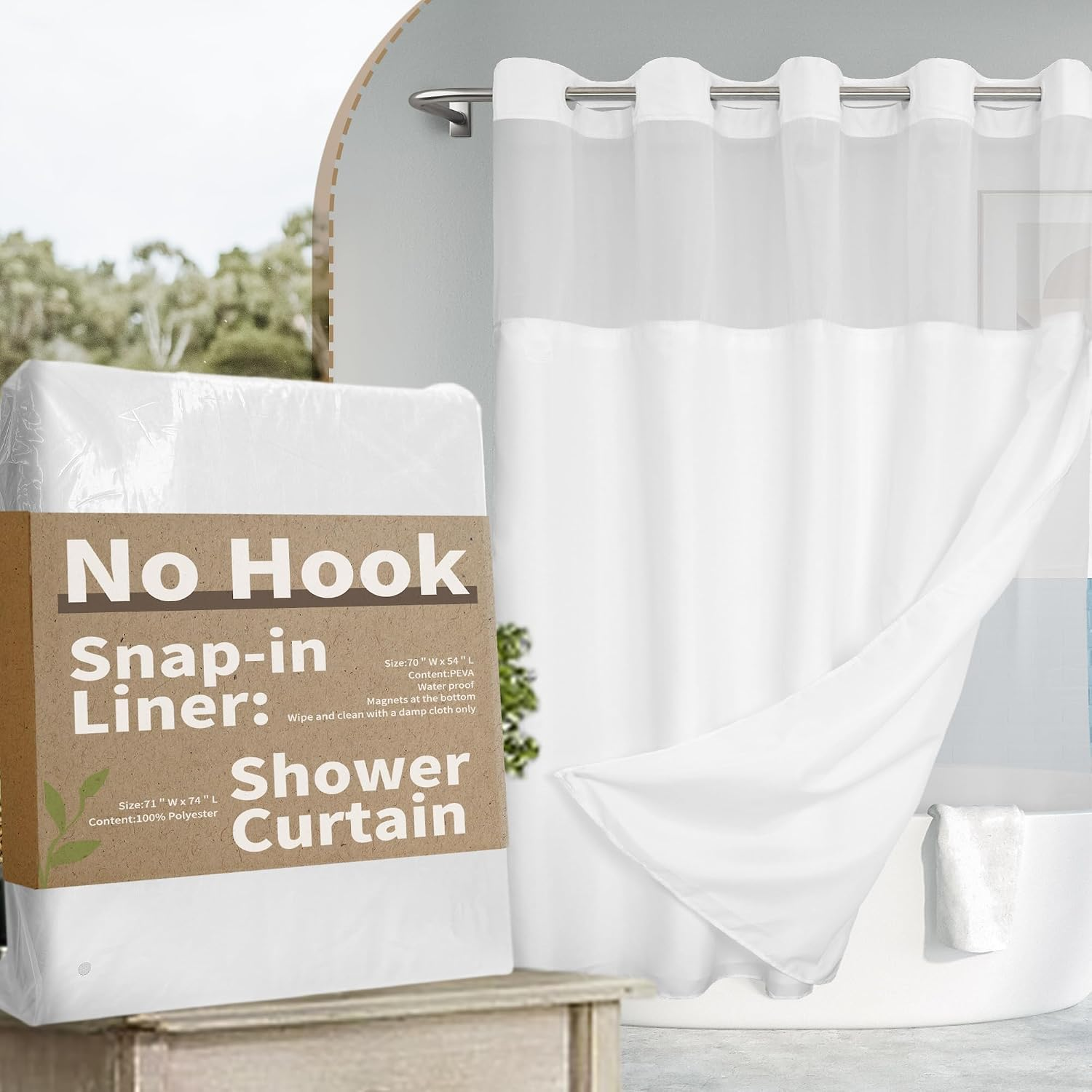 Cortina de baño sin ganchos con forro PEVA 71x74 estilo hotel blanco impermeable