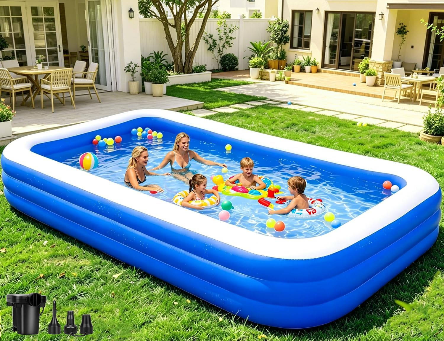Large Inflatable Pool - 130"×72"×22" Blow Up Pool for Adults and Childrens with Electric Pump, Swimming Pool for Backyard, Summer Water Party, Outdoor, Garden