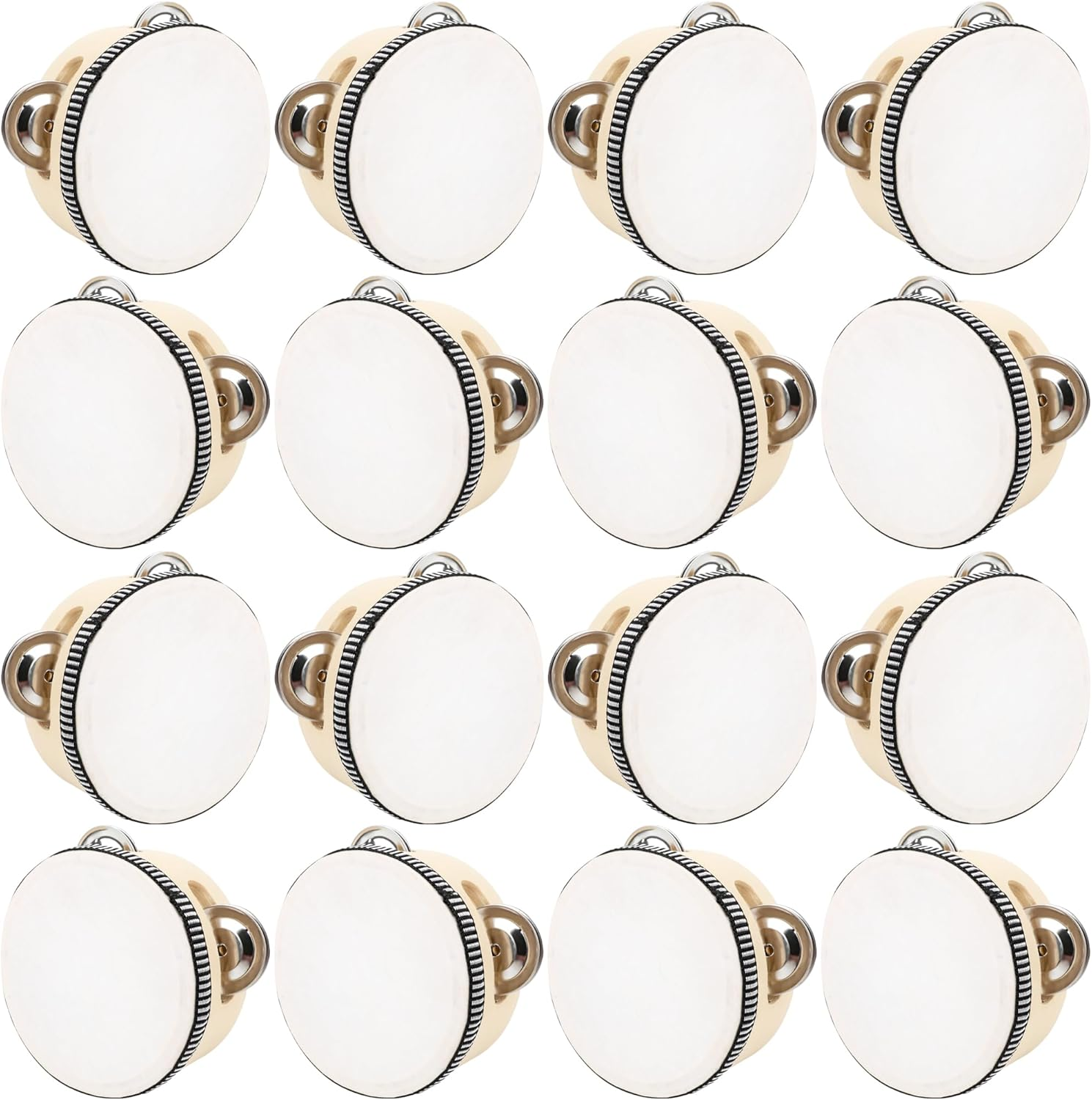 16 Pcs 4 Inch Adult Wedding Tambourines Drum Wooden Natural Handheld Drums Metal Jingles Drums Musical Instruments Percussion for Church Wedding Party Favor