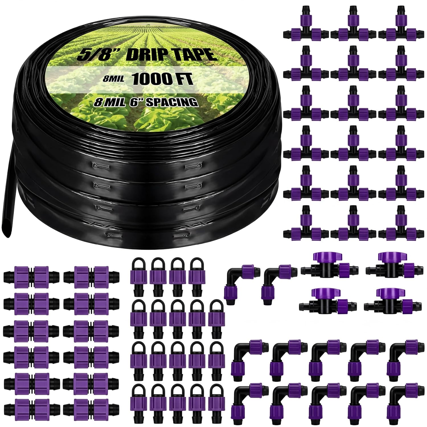 1000' 5/8 Inch Drip Tape Irrigation Tubing Kit 8 Mil 6