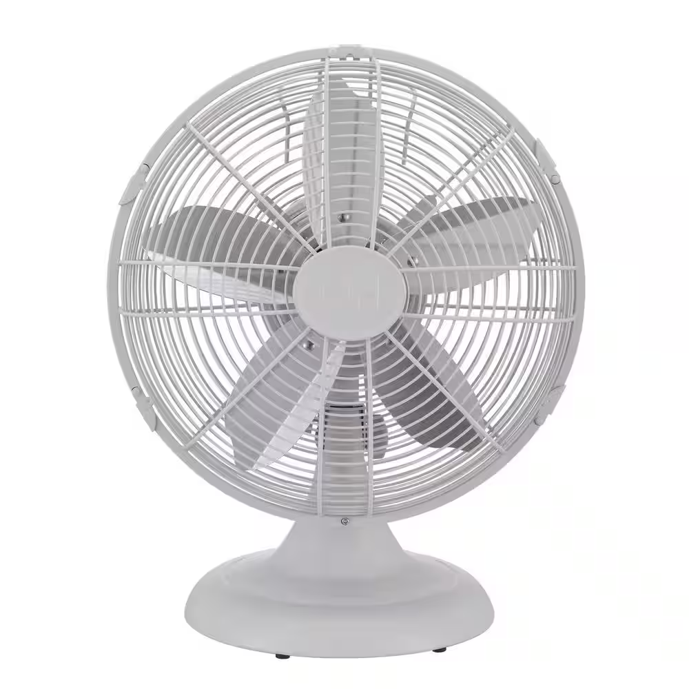 Retro 12 In. All-Metal Table/Desk Fan with 3-Speed Settings, Wide Oscillation, and Carrying Handle in Matte White