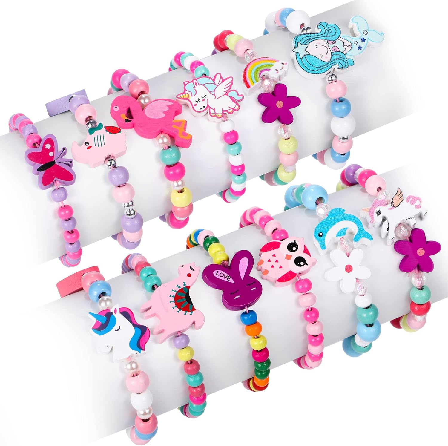 12 Pcs Girls Bracelets Jewelry for Kids Cute Unicorn Mermaid Animal Pendant Colorful Wooden Beaded Bracelets Princess Pretend Play Gifts for Toddlers