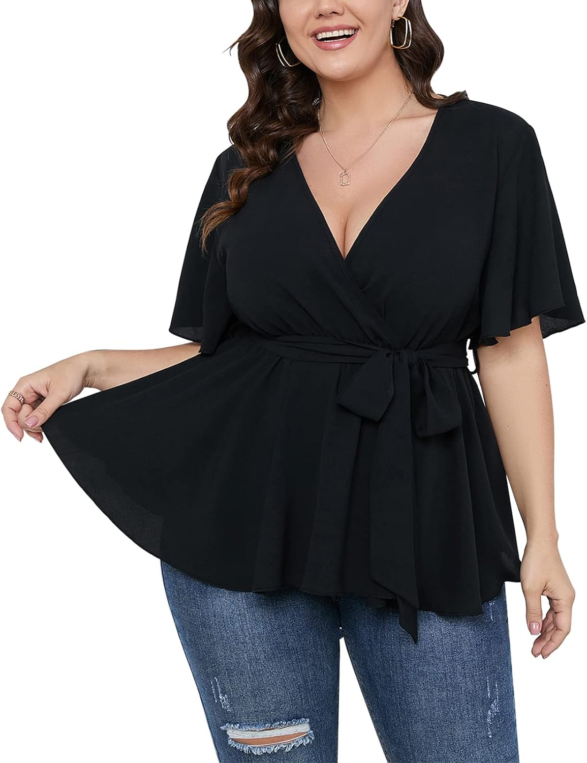 SCOMCHIC Women'S plus Size Short Sleeve V Neck Wrap Belted Ruffle Peplum Blouse Tops