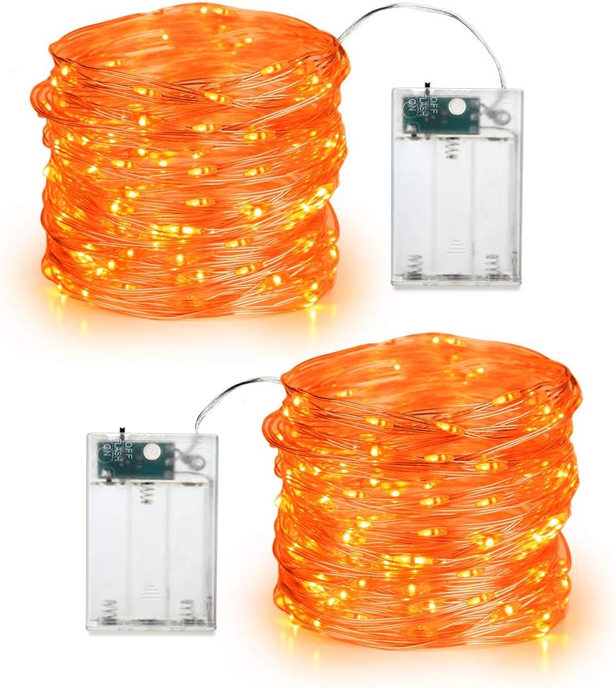 Brizlabs Orange Halloween Lights, 19.47Ft 60 LED Orange Fairy Lights String, 2 Modes Battery Halloween String Light, Indoor Silver Wire Twinkle Light for Christmas Thanksgiving Party Carnival Decor