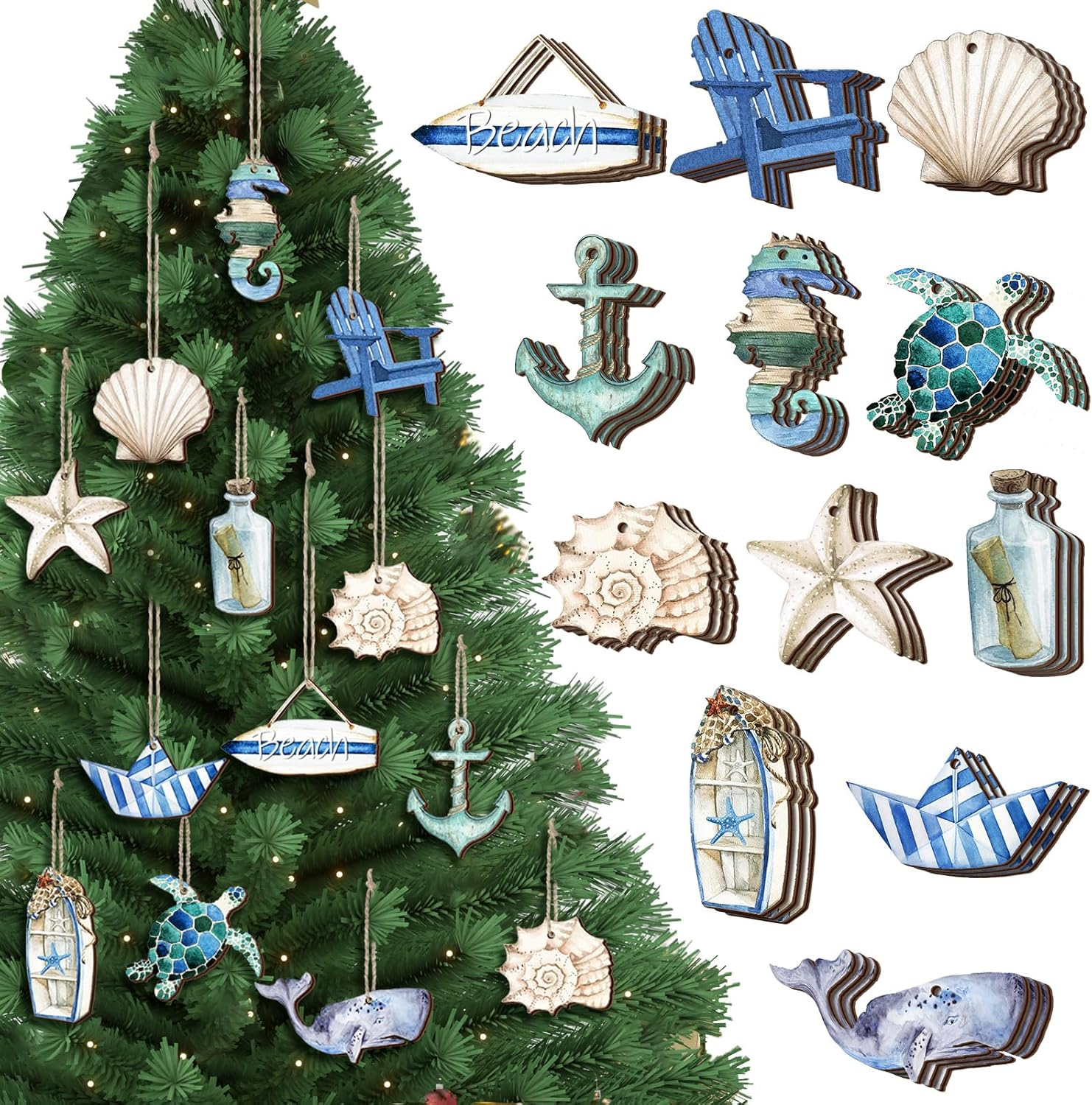 36 Pcs Beach Wooden Ornaments Ocean Summer Tree Decorations Coastal Nautical Seaside Wood Cutouts Navigation Hanging Ornaments Xmas Decorations for Home Tree Wall Wreath Crafts(Beach Sea)