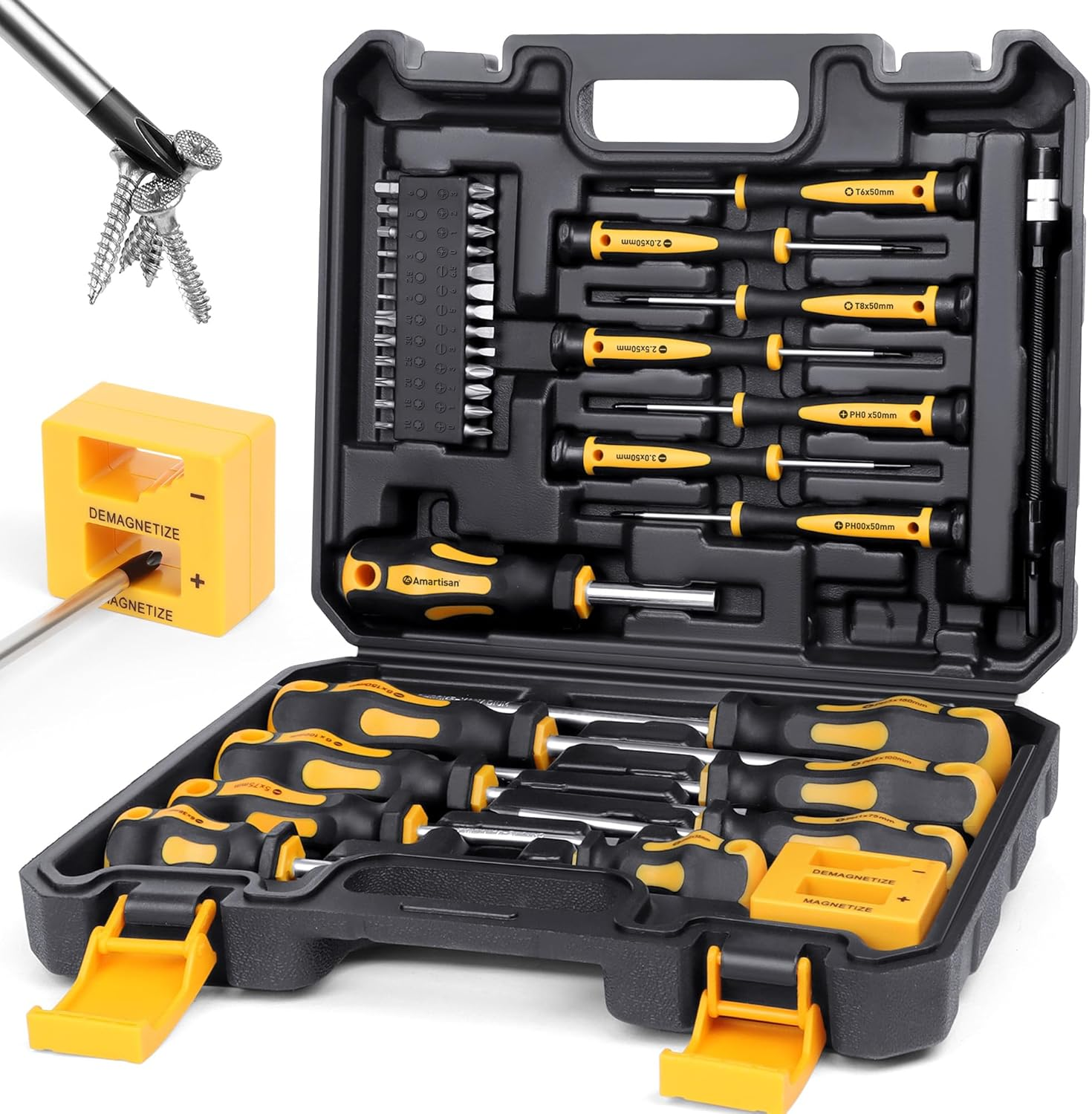 Magnetic Screwdrivers Set with Case, Amartisan 43-Piece Includs Slotted, Phillips, Hex, Pozidriv,Torx and Precision Screwdriver Set, Magnetizer Demagnetizer Tools, Tools for Men
