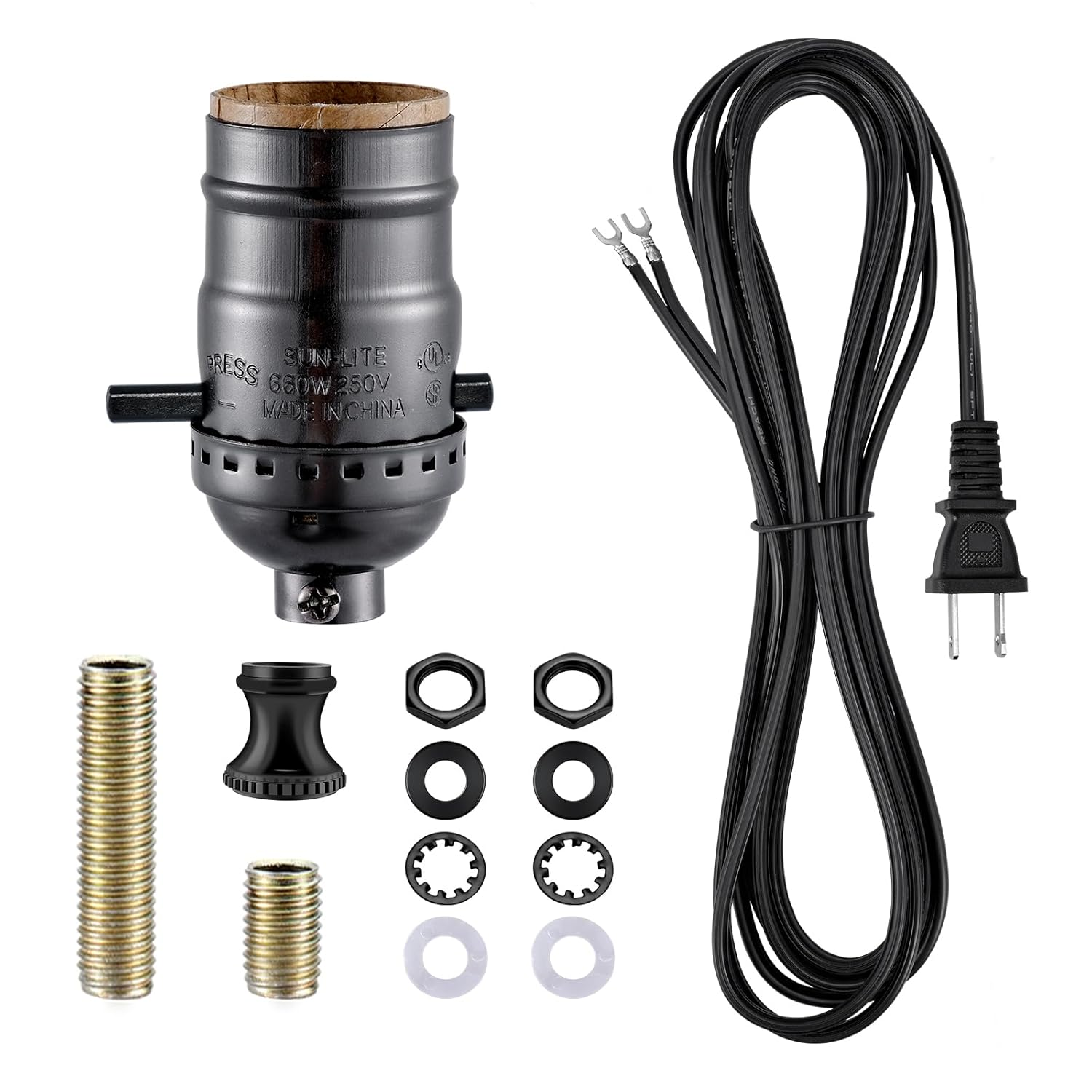 Lamp Rewire Kit,Lamp Socket Replacement Kit,Antique Brass Light Socket with Matching Electric Cord Set,Diy Lamp Making Kit Lamp Wiring Kit with All Essential Hardware (Black, 1)