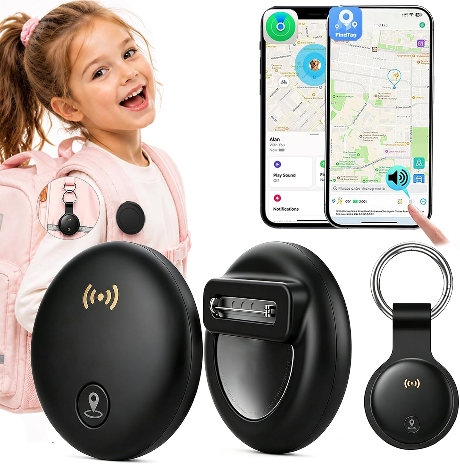 Kids GPS Tracker (Compatible with Ios & Android),No Monthly Fee Anti-Lost Tracker Mini for Children,Tracking Device with Pin Clip for Backpack Strap Holder, Clothing, School Bag-Black