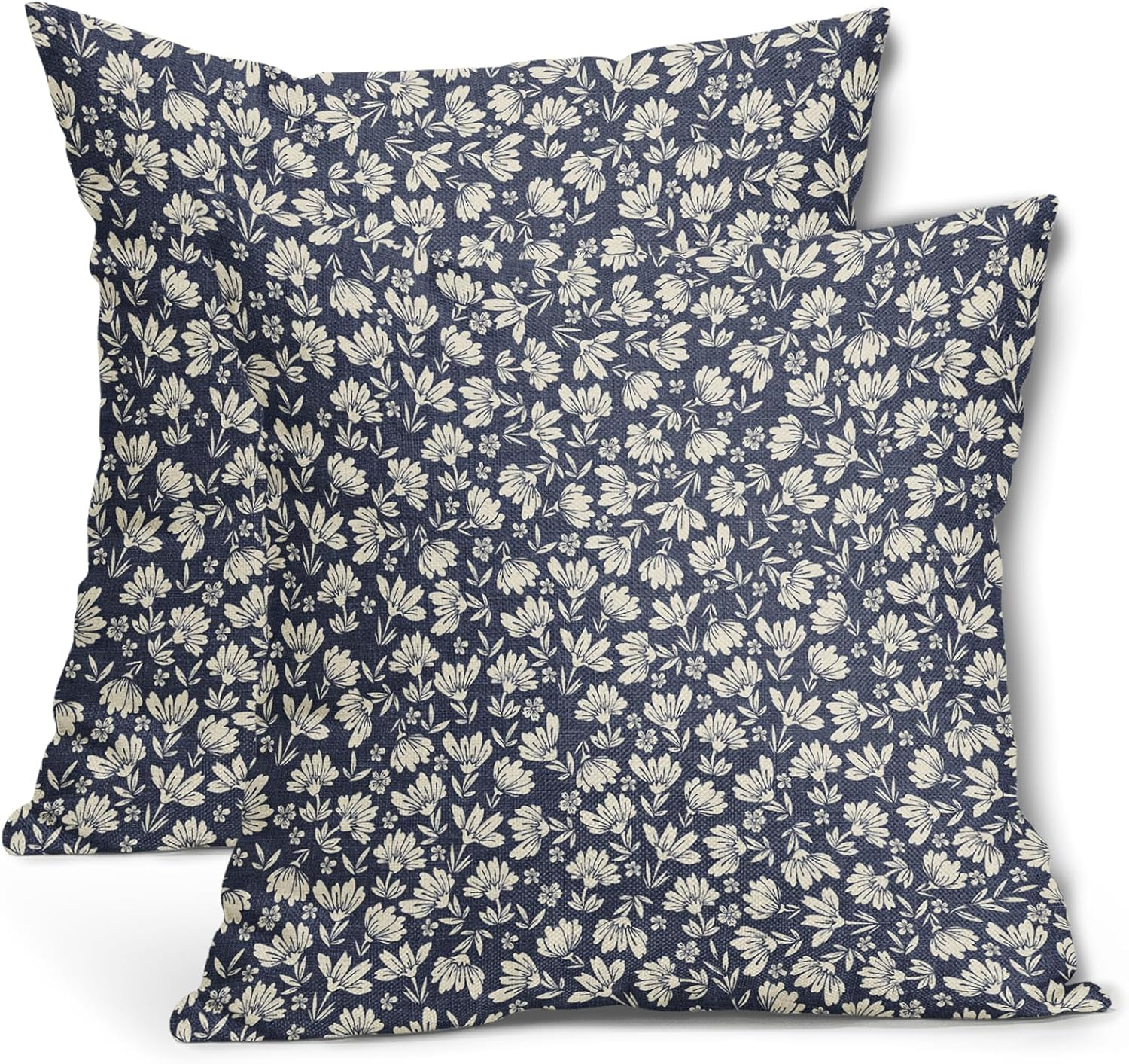 Navy Blue Beige Daisy Floral Pillow Covers 18X18 Inch Vintage Flowers Decorative Pillow Cases Set of 2 Block Print Cotton Linen Throw Pillows Farmhouse Decor for Sofa Couch Porch Bed Cushion Outdoor