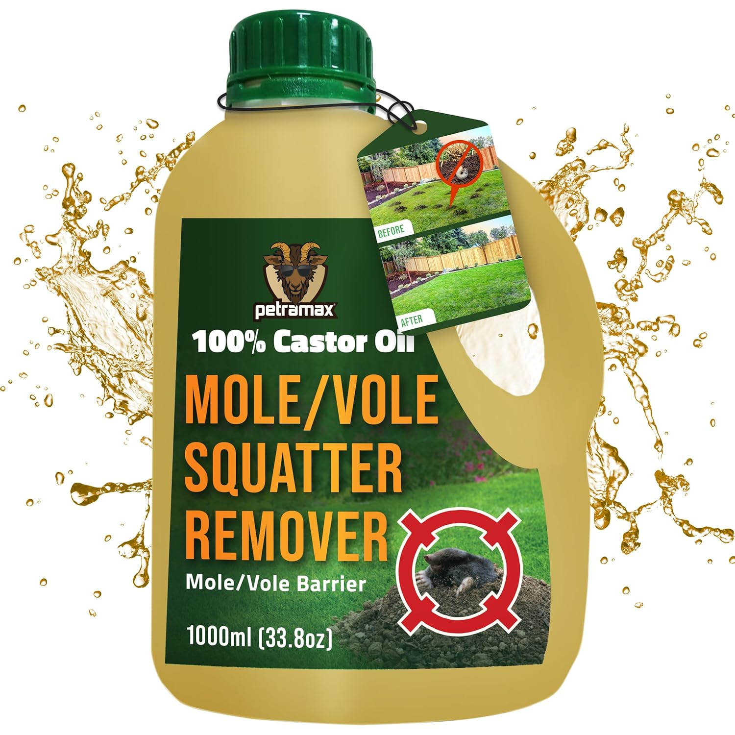 max Castor Oil Mole Repellent for Lawns - Best anti Mole and Vole Repellent of Outdoor Space - How to Get Rid of Moles in My Yard, Garden or Lawn, Safe and Effective Vole Deterrent (33.8 Fl Oz)