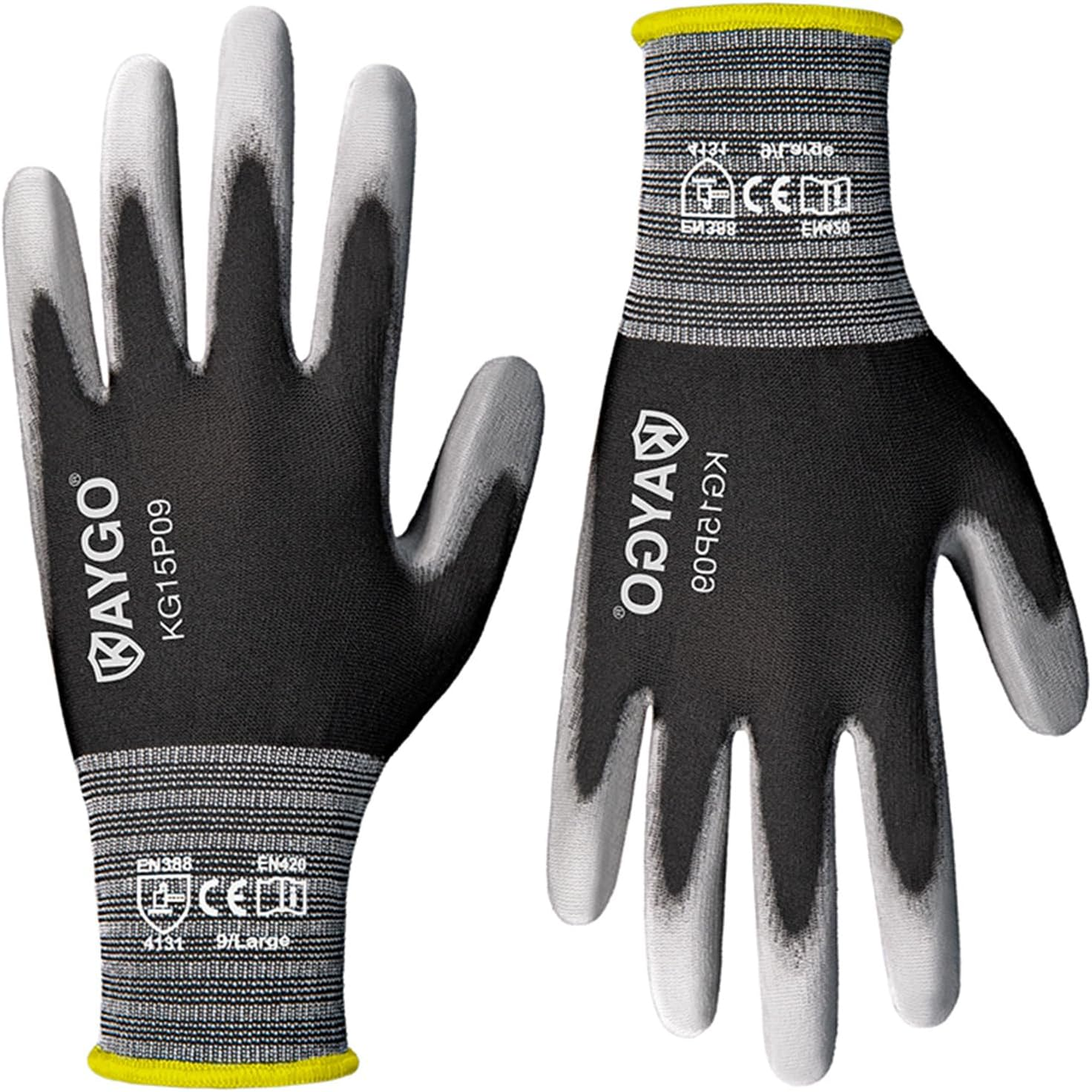 Work Gloves PU Coated 12 Pairs, Kg15P,Nylon Liner with Flexible Polyurethane Coating,Safety Work Gloves for DIY, Assembly, Warehouse, Light Duty Work (Large, Black)