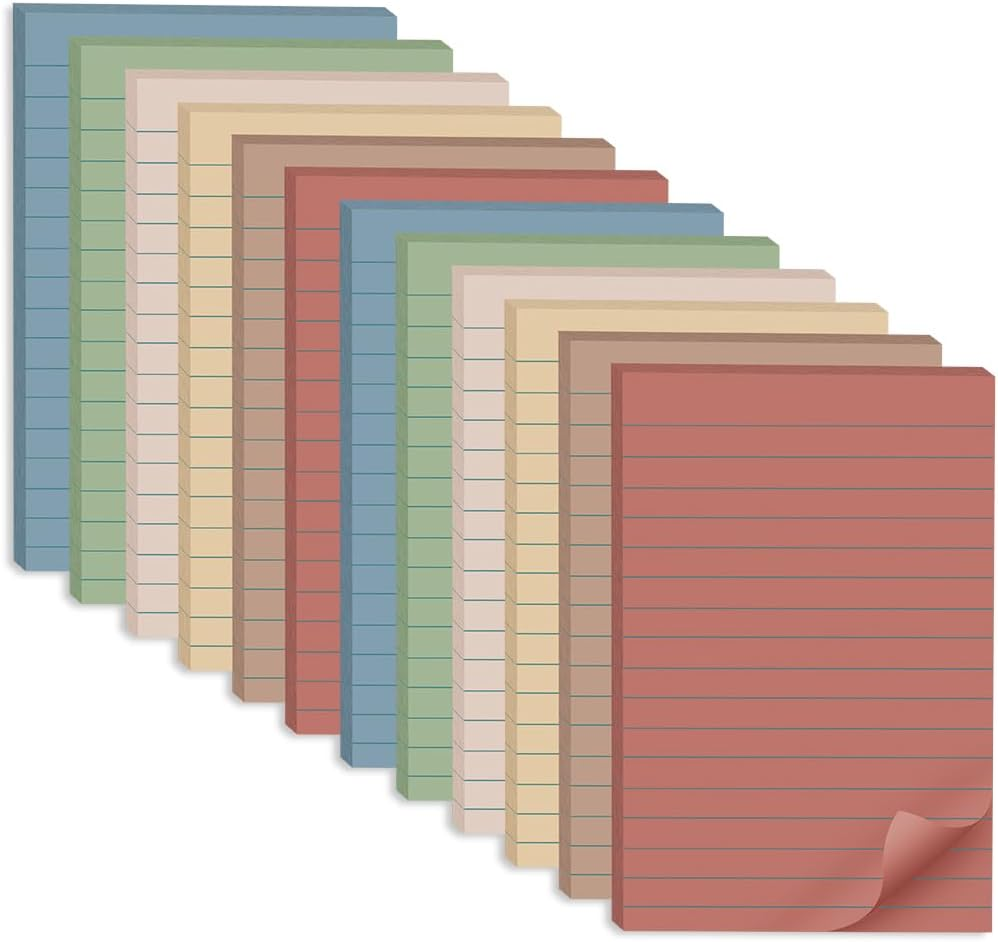 (12 Pack) Lined Sticky Notes 4X6 In,Large Notepads with Lines,Ruled Stickies Super Sticking Power,Office School Memo Note Pads Vintage Colors,Post on Windows Doors,Recyclable,Easy to Write On