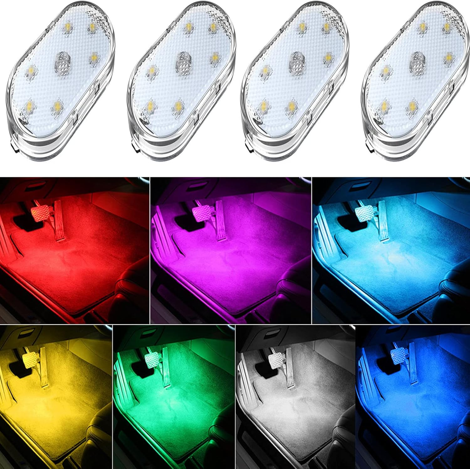 4Pcs Wireless LED Lights for Car Interior,7 Colors Ambient Lighting Car Interior,Car Lights inside Your Car,Usb Rechargeable Car Interior Led Night Light for Car Decor