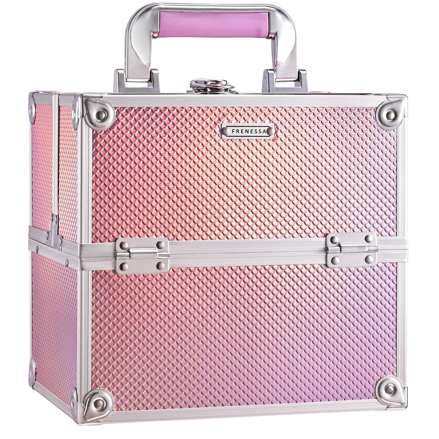 Frenessa Makeup Case Makeup Box Cosmetic Organizer Case Portable Make up Artist Travel Case Storage Box 4 Trays with Dividers Lockable Hard Train Case Nail Tech Supply Storage Mermaid Pink
