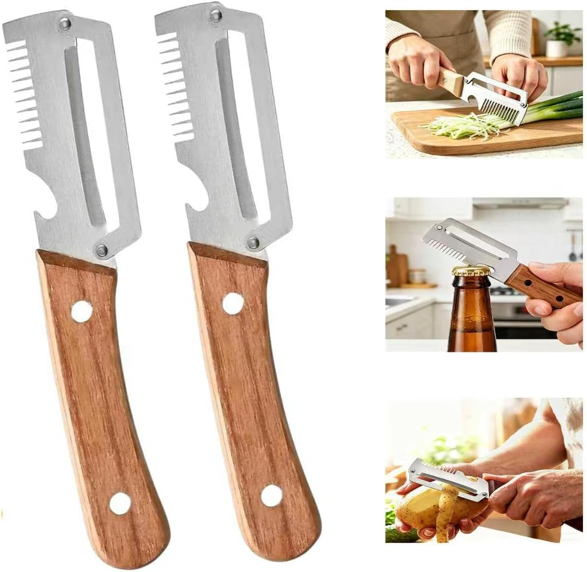 2Pcs Multifunctional Vegetable Peelers, 3-In-1 Kitchen Peeler with Wooden Handle, Stainless Steel Blade, Scallion Shredder and Built-In Bottle Opener, Fruit & Vegetable Peeling Tool