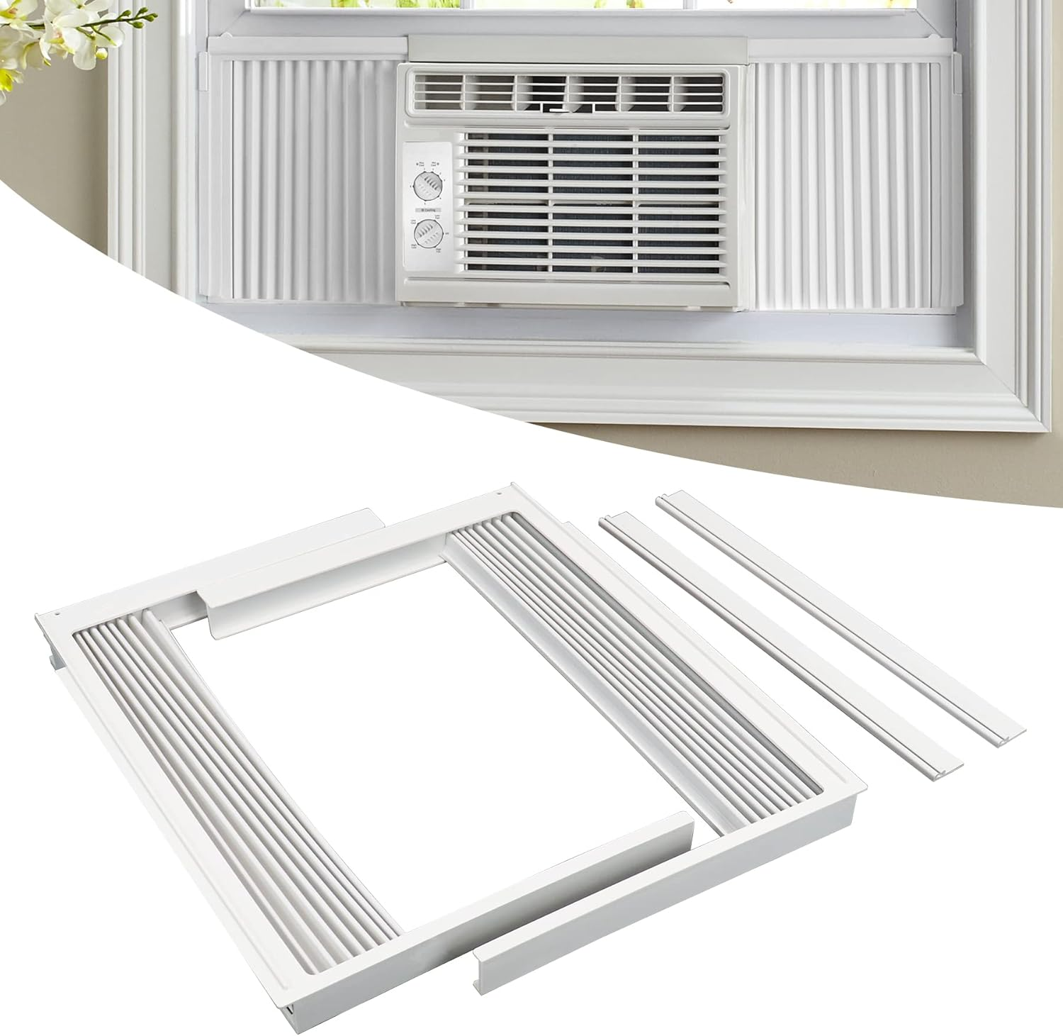Window Air Conditioner Side Panel with Frame, Room AC Accordion Filler Curtain Kit Replacement, Include Window AC Side Panels & Frames, Fit Most 5,000 BTU Units