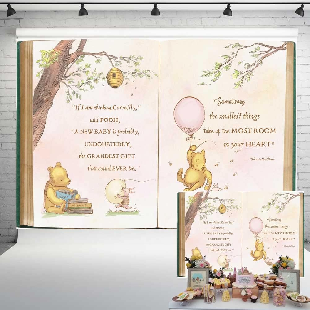 Vintage Pooh Bear Baby Shower Backdrop for Girl Retro Giant Book Spring Tree Classic Background Newborn Quote Pink Yellow Tinge Banner 7X5 Ft 137