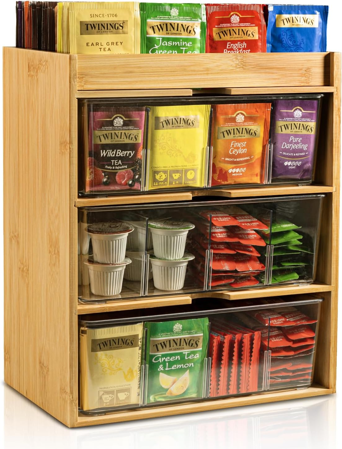 Bamboo Tea Bag Organizer with Drawer - 3 Layer Storage for Kitchen & Office
