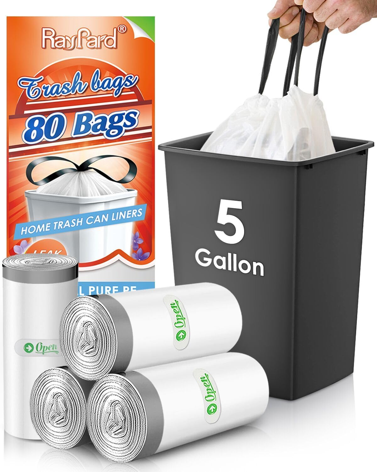 5 Gallon 80 Counts Strong Drawstring Trash Bags Garbage Bags by Raypard, Small Plastic Bags, Trash Can Liners for Home Office Kitchen Bathroom Bedroom, White Waste Basket Liners (White)
