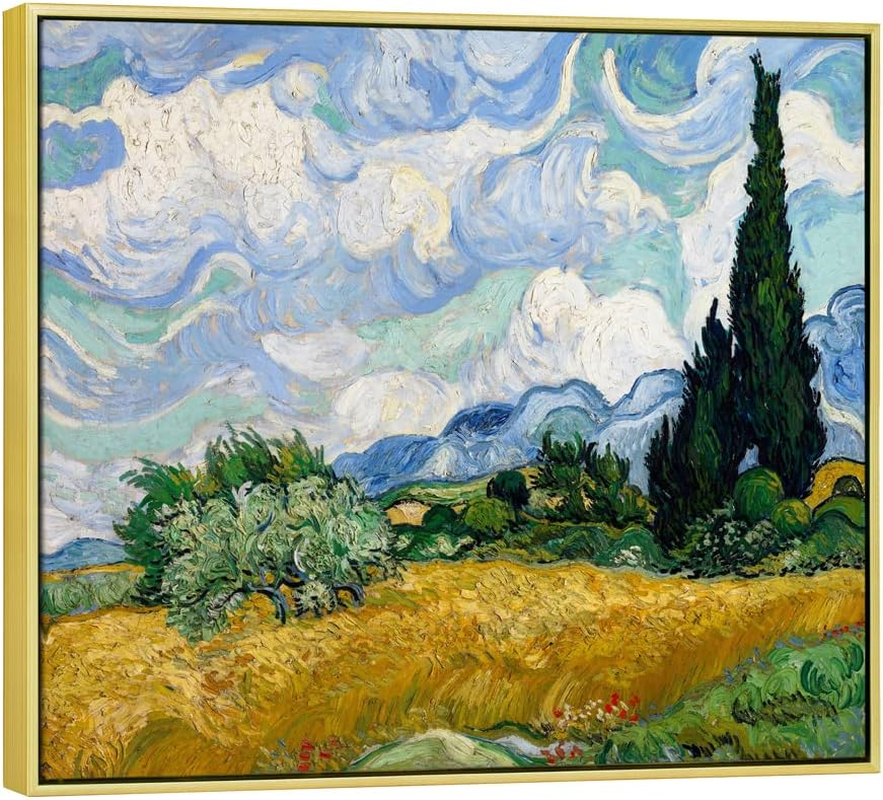 Framed Canvas Art Wheat Field with Cypresses by Van Gogh Impressionist Landscape Oil Paintings Canvas Prints Artwork Wall Art for Living Room Home Office Decorations