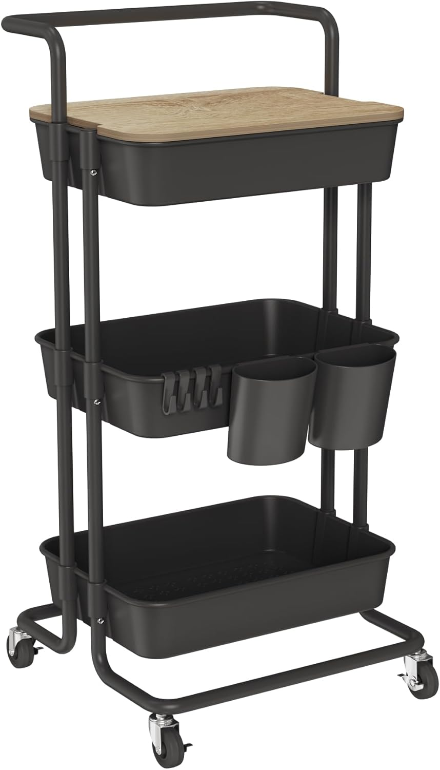 3 Tier Rolling Cart Uility Cart with Cover Board, Mobile Storage Cart with Wheels, Cups, Hooks for Office Utility Kitchen Bathroom Homeschool Art Craft Postpartum Teacher Cart Organizer(Black)