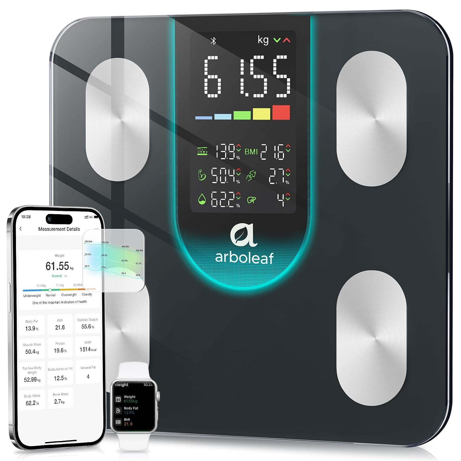 Arboleaf Smart Scales for Body Weight and Fat, Digital Bathroom Scale | Weighing Scale with 14 Body Composition Metrics for BMI Muscle Mass, High Precision Bluetooth Scales, 400Lb/180Kg