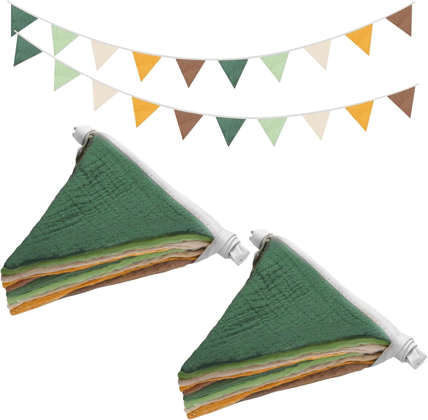 2PCS Pennant Banner Flags, Fabric Bunting Banner Nursery Garland Decor, Baby Shower Garland, Triangle Flags for Baby Boy Room, Playroom, Boho Birthday Party Decor, Each 7.75 Ft (Green Yellow Brown)