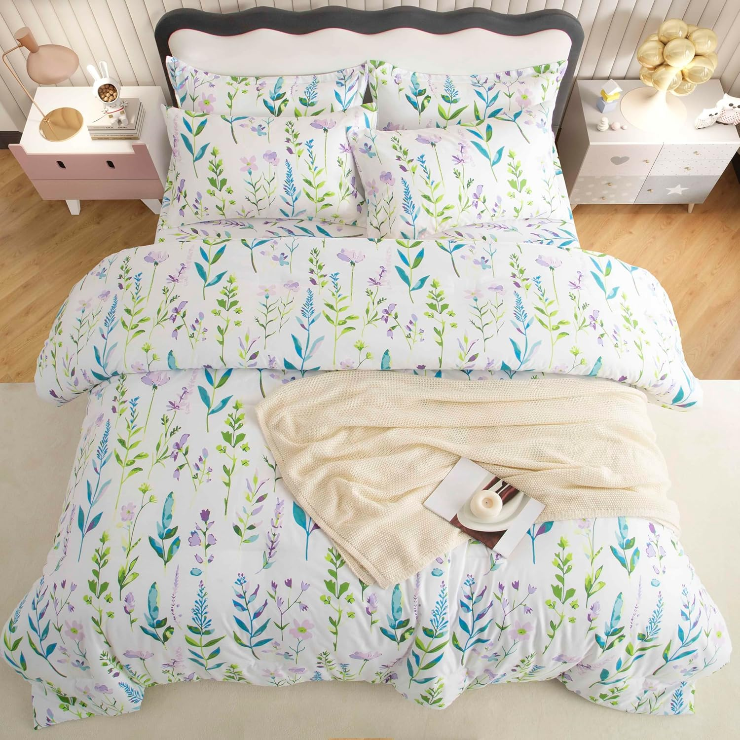 7PCS Floral Bedding Set Full Size Bedding Set Girl Boys Kids,Bed in a Bag Full with Floral Comforter, Flat Sheet, Fitted Sheet and Pillowcases & Shams