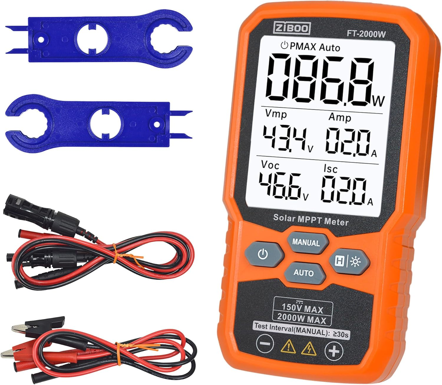 FT-2000W Solar Panel Tester MPPT Meter - 2000W Max Power, 150V/35A PV Module Tester for Voc/Isc, Open Circuit Voltage & Short Circuit Current, with Backlight & Data Hold
