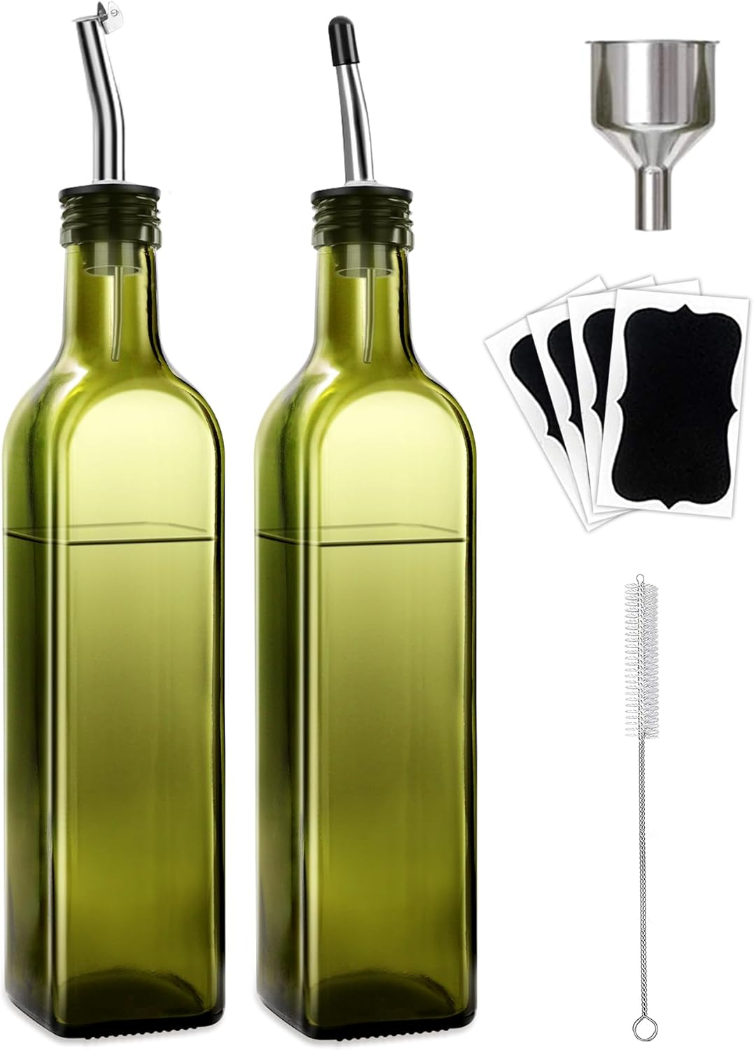 Olive Oil Dispenser Bottle, 2 Pcs Green Glass Olive Oil Dispenser and Vinegar Dispenser Set with 2 Stainless Steel Pourers, 4 Labels,1 Brush and 1 Funnel Oil Bottles for Kitchen (500Ml)