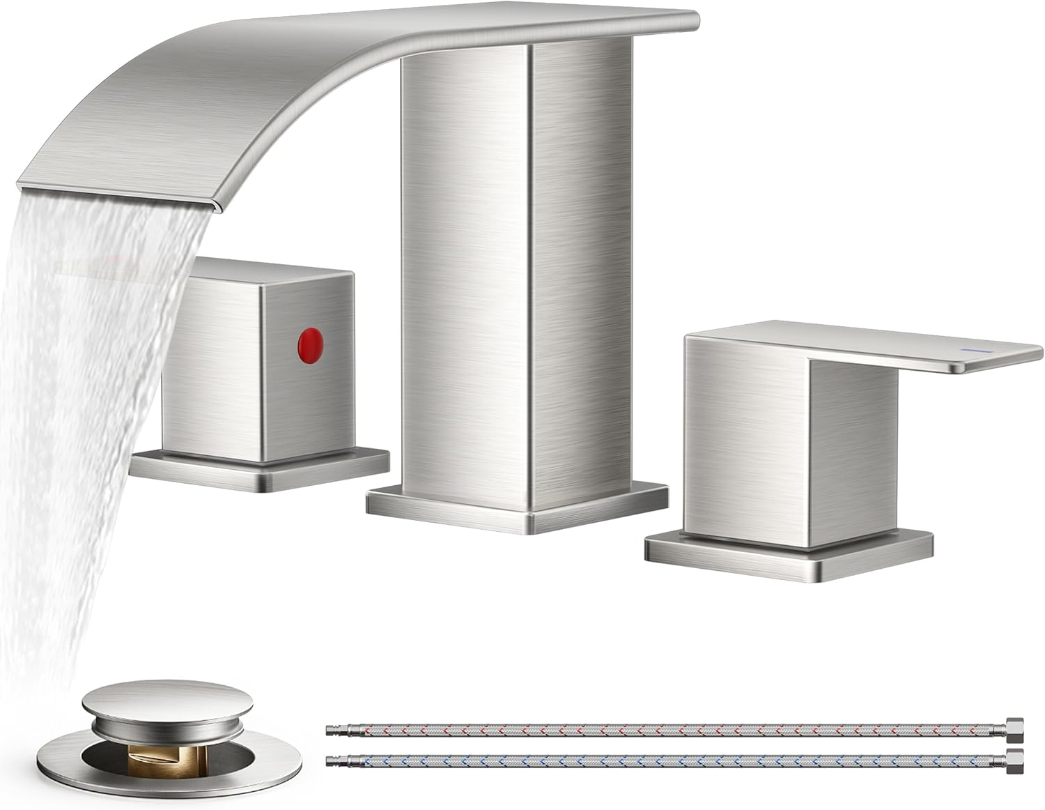 Waterfall Bathroom Faucets 3 Hole, 8 Inch Widespread Brushed Nickel Square Bathroom Sink Faucet with Metal Pop-Up Drain and Cupc Hose, Two Handles for Vanity, RV, Farmhouse