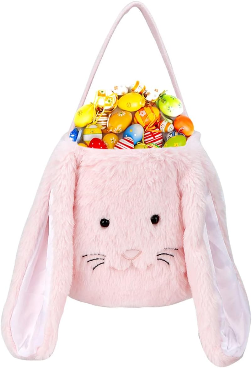 Plush Easter Bunny Basket for Kids Boys Girls Easter Buckets with Long Plush Ear Personalized Egg Hunting Bags,Bunny Kids Easter Tote Bags for Easter Decorations Candy